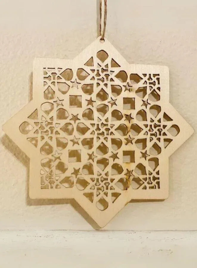 8 Pieces Wooden Hollow Pendant Ornament Eid Ramadan Festive DIY Decorations with Hanging Moon Star Wind Light Shape Ornament for Eid Mubarak