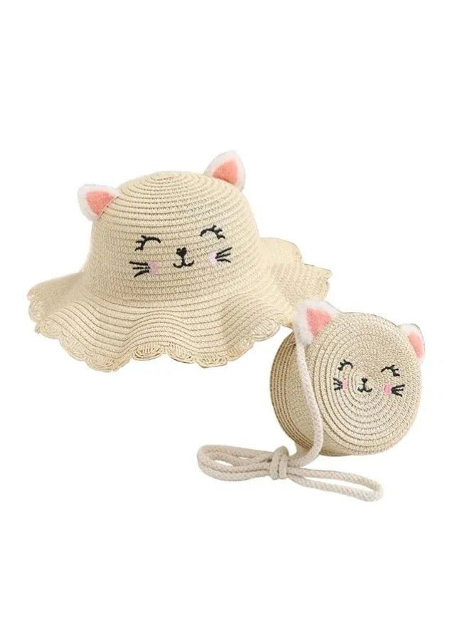 Adorable Kids Summer Straw Hat with Cat-Ear Shaped Cap, Smile Face, and Matching Handbag - Wide Brim Girls Straw Sun Hat for Stylish Sun Protection and Playful Adventures