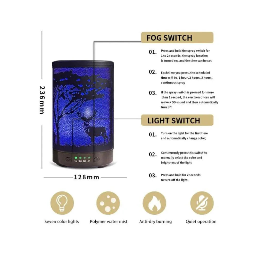 Essential Oil Diffuser With 120 Ml Capacity. Metal Aromatherapy Diffuser With Auto Shut Off Protection, Waterless, 7 Selectable Led Colors, for Home, Office, Spa, Deer Fatio General Trading