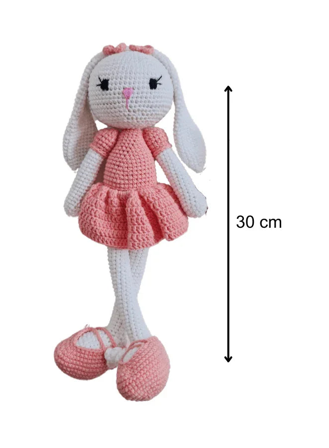 Handmade Natural Wooden and Cotton Crochet Doll with rattle and Pacifier Chain for Toddlers, Pink Bunny, 25cm