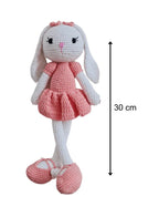 Handmade Natural Wooden and Cotton Crochet Doll with rattle and Pacifier Chain for Toddlers, Pink Bunny, 25cm
