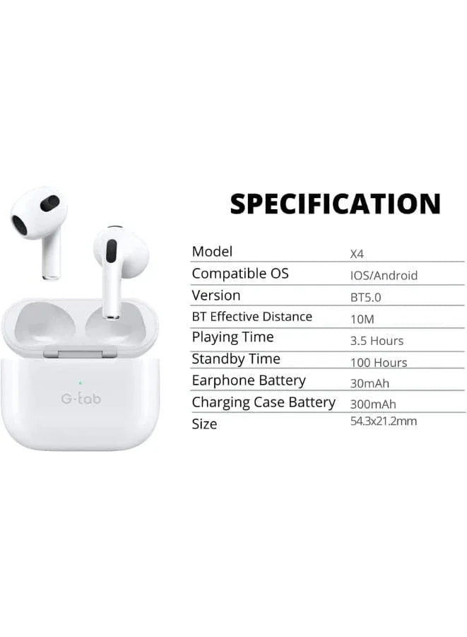 G-Tab X4 True Wireless Earbuds, Bluetooth Earphones V5.00 with Clear Calls,HIFI Sound Quality, Noise Reduction, Touch Sensor, Super Battery, Heavy Bass, 1 Free Earbuds Case for iPhone & Android, White Fatio General Trading