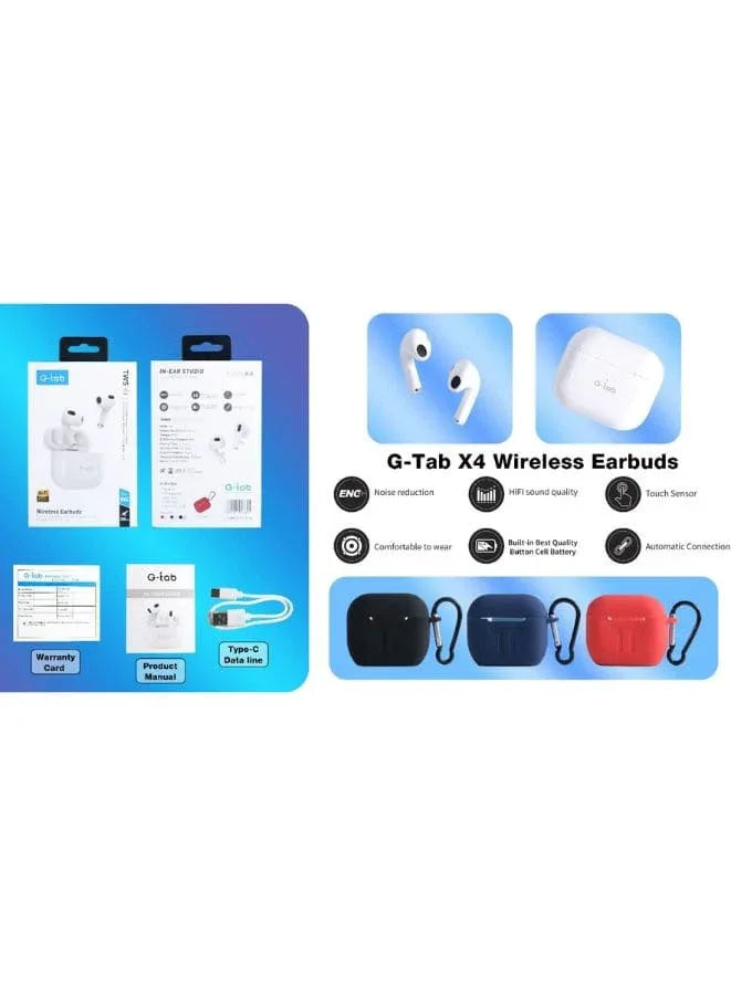 G-Tab X4 True Wireless Earbuds, Bluetooth Earphones V5.00 with Clear Calls,HIFI Sound Quality, Noise Reduction, Touch Sensor, Super Battery, Heavy Bass, 1 Free Earbuds Case for iPhone & Android, White Fatio General Trading