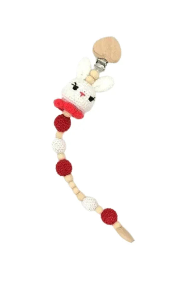 Handmade Natural Wooden and Cotton Crochet Doll with Rattle and Pacifier Chain for Toddlers, Red Bunny, 25cm