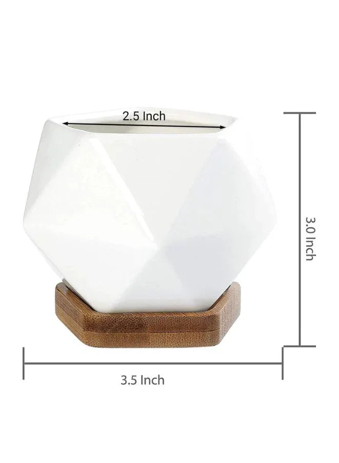 Mini Geometric Indoor Plant Pot with Bamboo Tray & Drainage Hole – Small Succulent Planter for Desk, Office, or Home Garden (Plant Not Included)