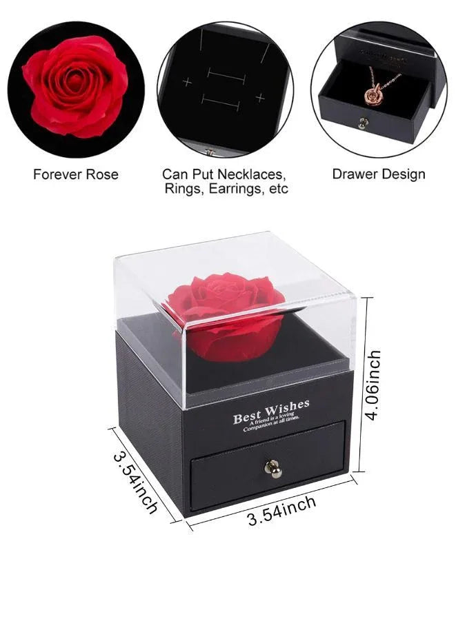Rose Gifts for Her, Jewelry Box with Heart Shape Silver Necklace for Valentines Day with Greeting Card and Bag