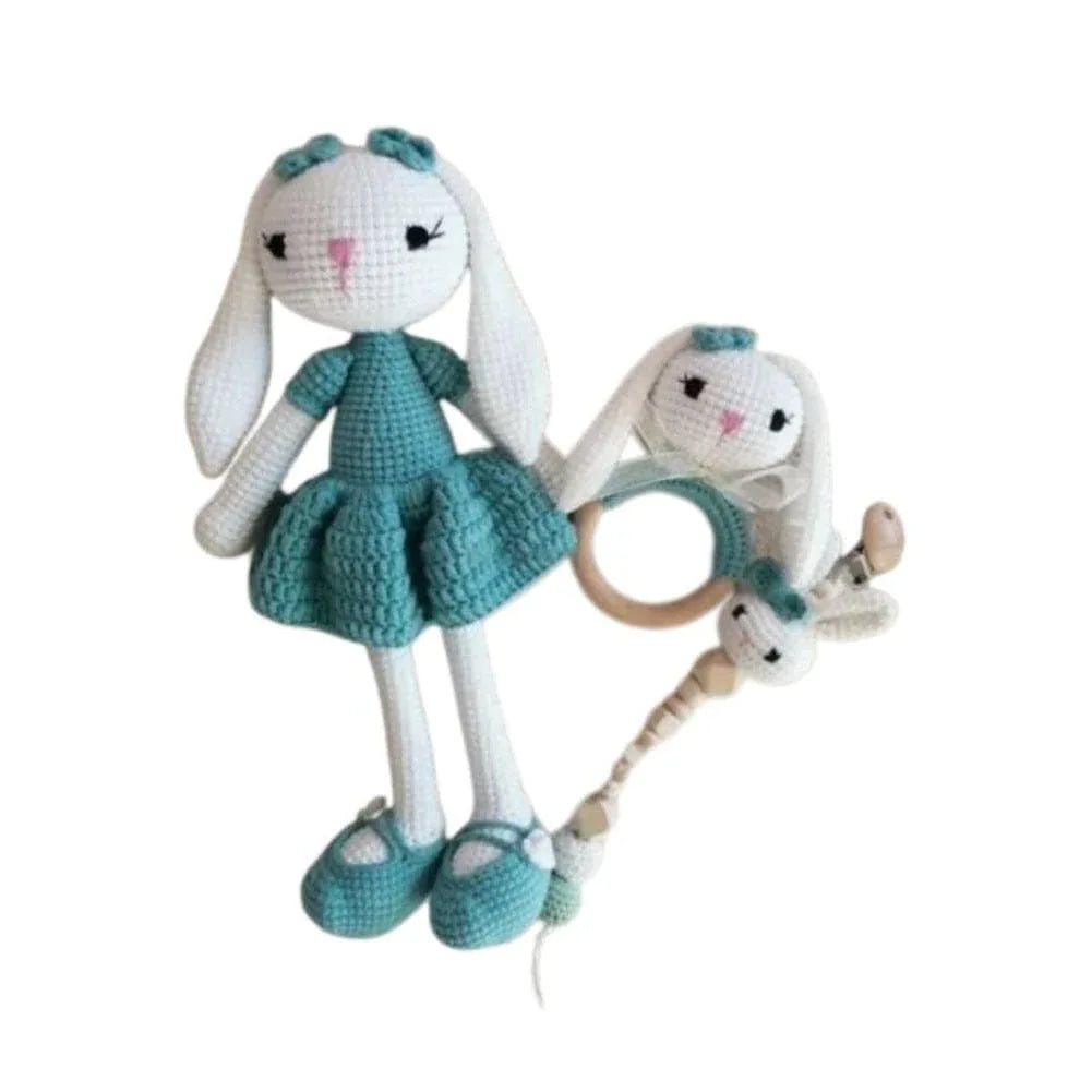 Handmade Natural Wooden and Cotton Crochet Toy Doll with rattle and Pacifier Chain for Baby Friend Amigurumi Crochet Sleeping Buddy for Kids and Adults, Bunny 5 25cm Fatio General Trading