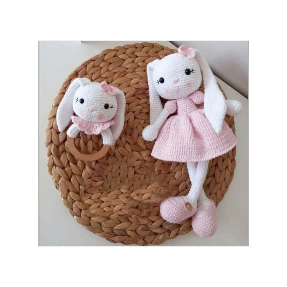 Handmade Natural Wooden and Cotton Crochet Toy Doll with rattle and Pacifier Chain for Baby Friend Amigurumi Crochet Sleeping Buddy for Kids and Adults, Bunny 6 25cm Fatio General Trading