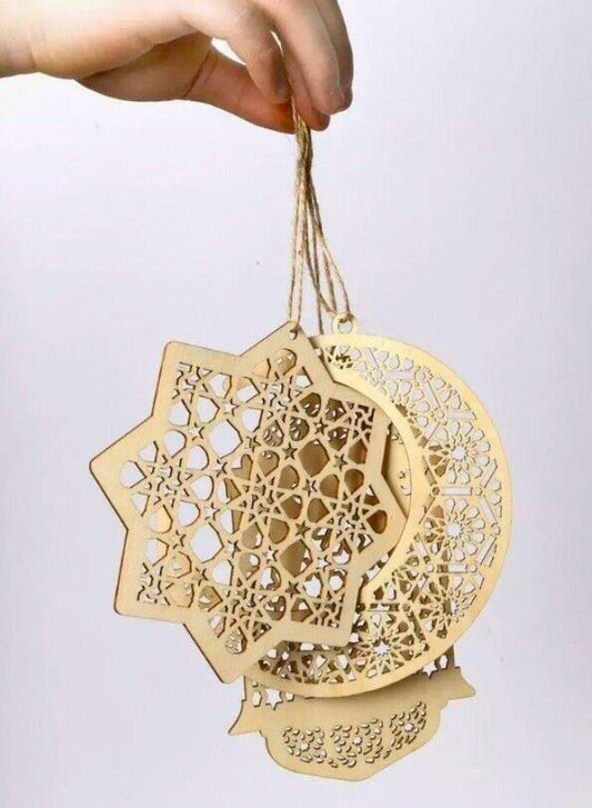 8 Pieces Wooden Hollow Pendant Ornament Eid Ramadan Festive DIY Decorations with Hanging Moon Star Wind Light Shape Ornament for Eid Mubarak