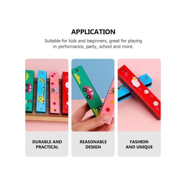 Kids Harmonica Wooden Children Harmonica Toys Colored Printed Diatonic Harmonica Mouth Organ Early Educational Musical Instruments, Design 1 Fatio General Trading