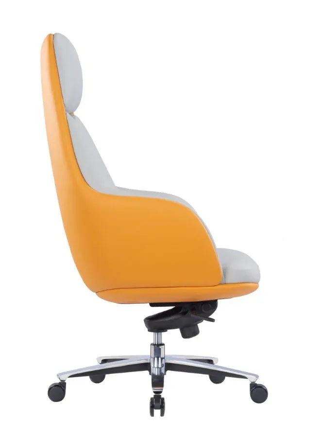 Modern Ergonomic Office Chair with Orange Back and Grey Seat and Fixed Armrest | High Quality PU Leather Office Chair with Headrest, Backrest, and Aluminum Base