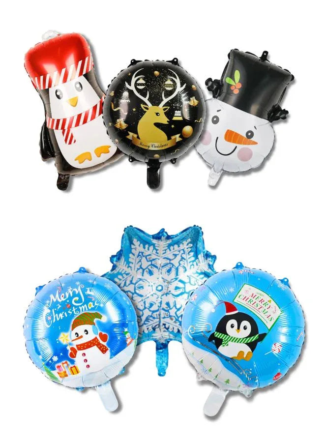 A set of six Christmas-themed balloons, featuring designs such as Santa Claus, a reindeer, and snowflakes, with each balloon adorned in colorful, festive patterns.