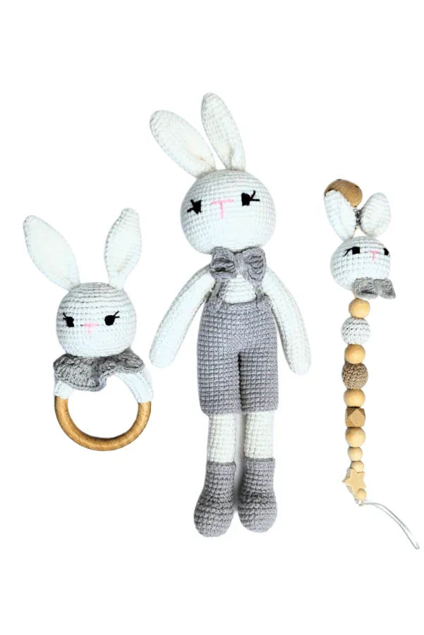 Natural Wooden and Cotton Handmade Crochet Doll with rattle and Pacifier Chain for Toddlers, Blue Bunny, 25cm