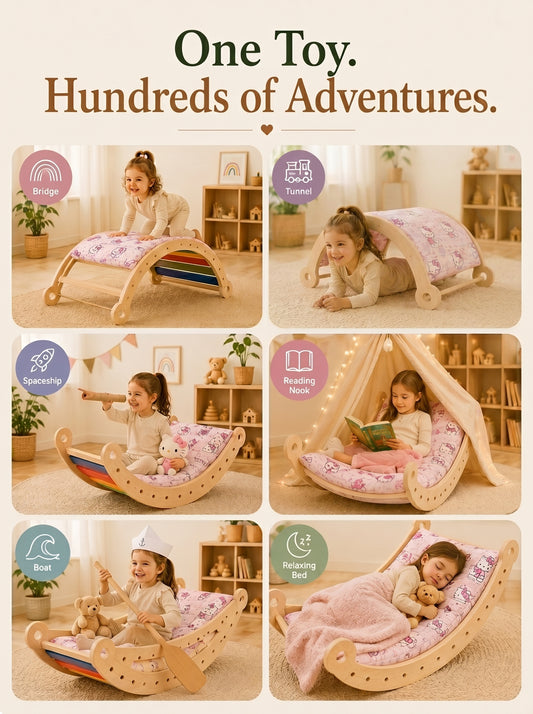 Wooden Rocking Chair Balance Board with Mattress for Kids aged 2 to 9, Wooden Kid's Furniture toy for Active Play, Kitty