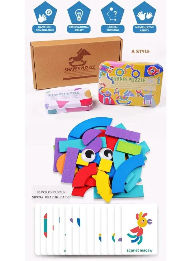 Montessori Educational Toys, Learn Sorting and Stacking Toy for Toddlers, Boys and Girls, 36 Pieces of Geometric Shapes and 60 Design Cards, Style A Fatio General Trading