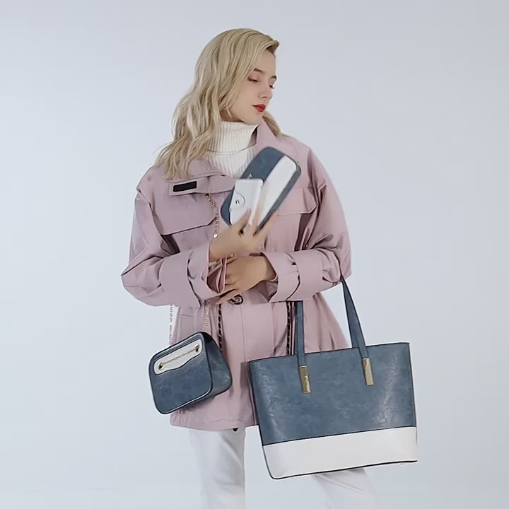 Women's 4-Piece Leather Tote Bag, Top-Handle Shoulder Bag for Women