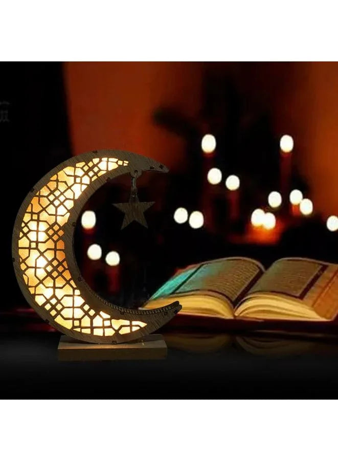 Ramadan Eid Mubarak Ornaments Wooden Moon Shape Night Light LED Muslim Ramadan Table Light Crafts Desktop Decoration for Festival Home Party Fatio General Trading