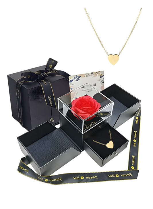 Handmade Preserved Rose Flower Jewelry Box and Gold Heart Pendant Necklace, Greeting Card and Bag included, Rose Gift for Valentine's Day