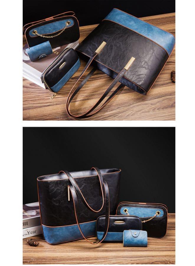 Women's 4-Piece Leather Tote Bag, Top-Handle Shoulder Bag, Blue/Patchwork Fatio General Trading