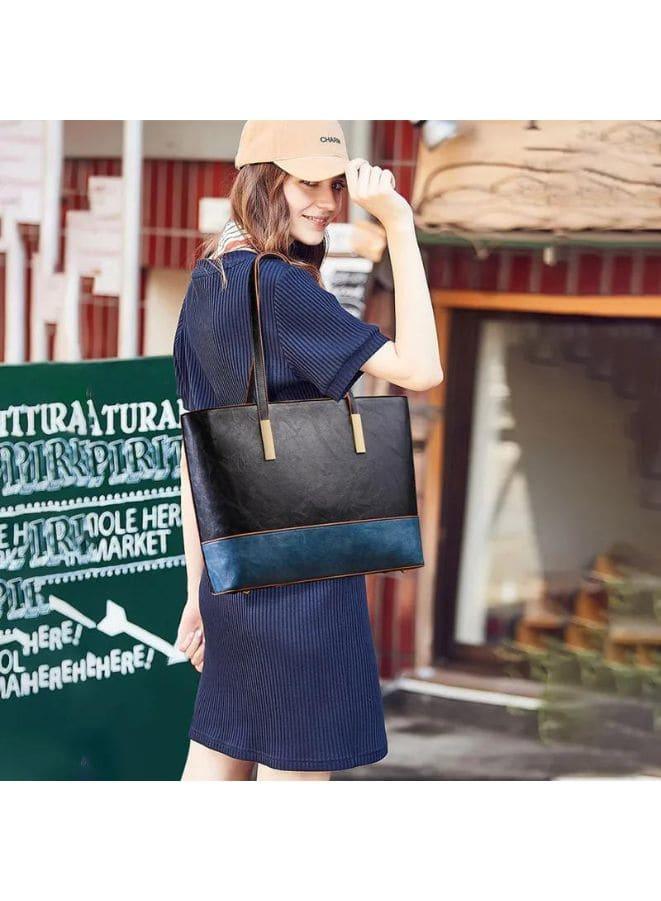 Women's 4-Piece Leather Tote Bag, Top-Handle Shoulder Bag, Blue/Patchwork Fatio General Trading