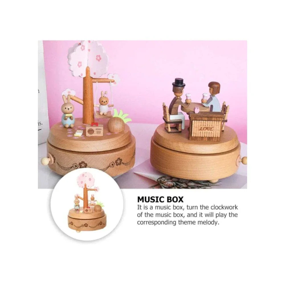 Wooden Bunny Windup Music Box, No Battery Home Wood Decor, Wooden Cute Rabbit Music Box Gift for Birthday Wedding Christmas Fatio General Trading