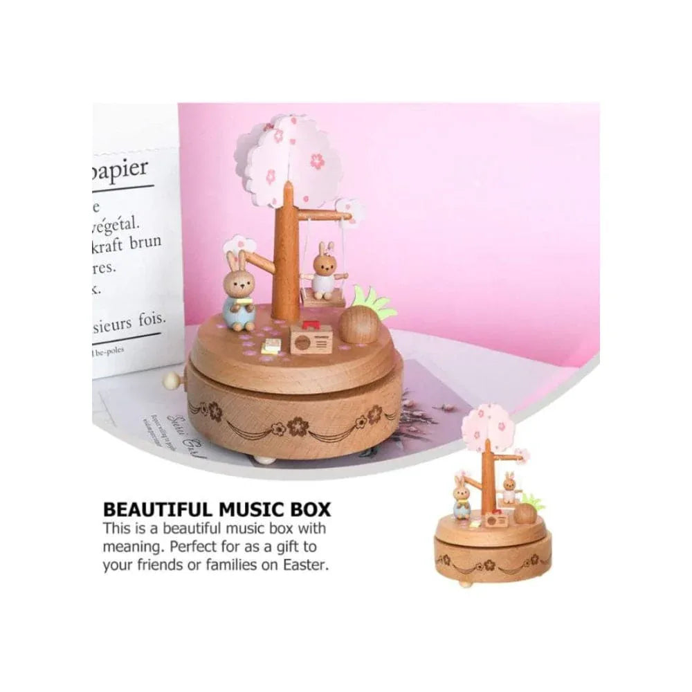 Wooden Bunny Windup Music Box, No Battery Home Wood Decor, Wooden Cute Rabbit Music Box Gift for Birthday Wedding Christmas Fatio General Trading