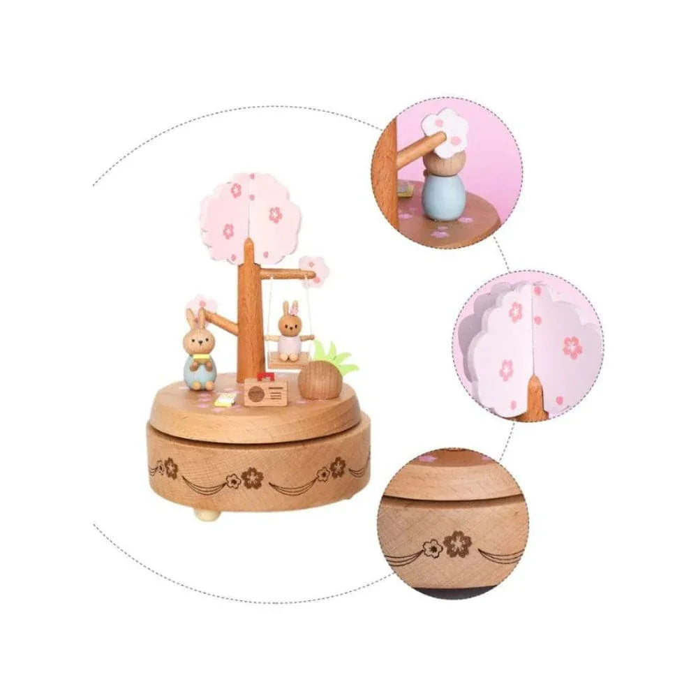 Wooden Bunny Windup Music Box, No Battery Home Wood Decor, Wooden Cute Rabbit Music Box Gift for Birthday Wedding Christmas Fatio General Trading