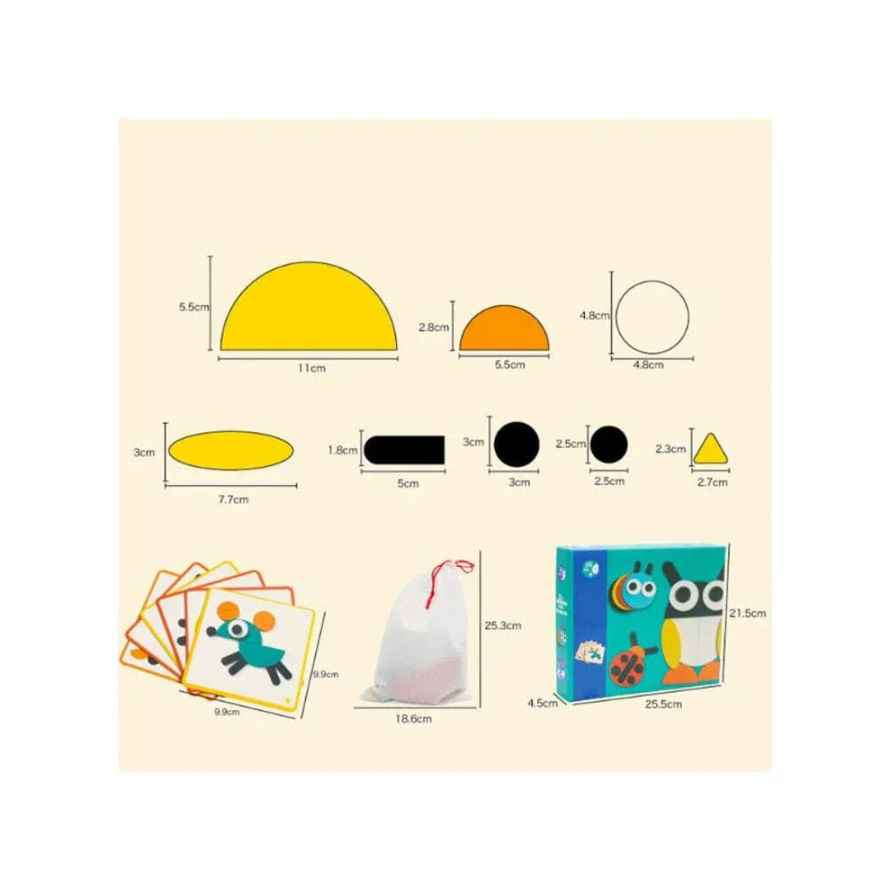 Wooden Pattern Blocks Geometric Shapes Animals Puzzle Early Educational Toys Tangram Set for Kids with 20 Design Cards Fatio General Trading