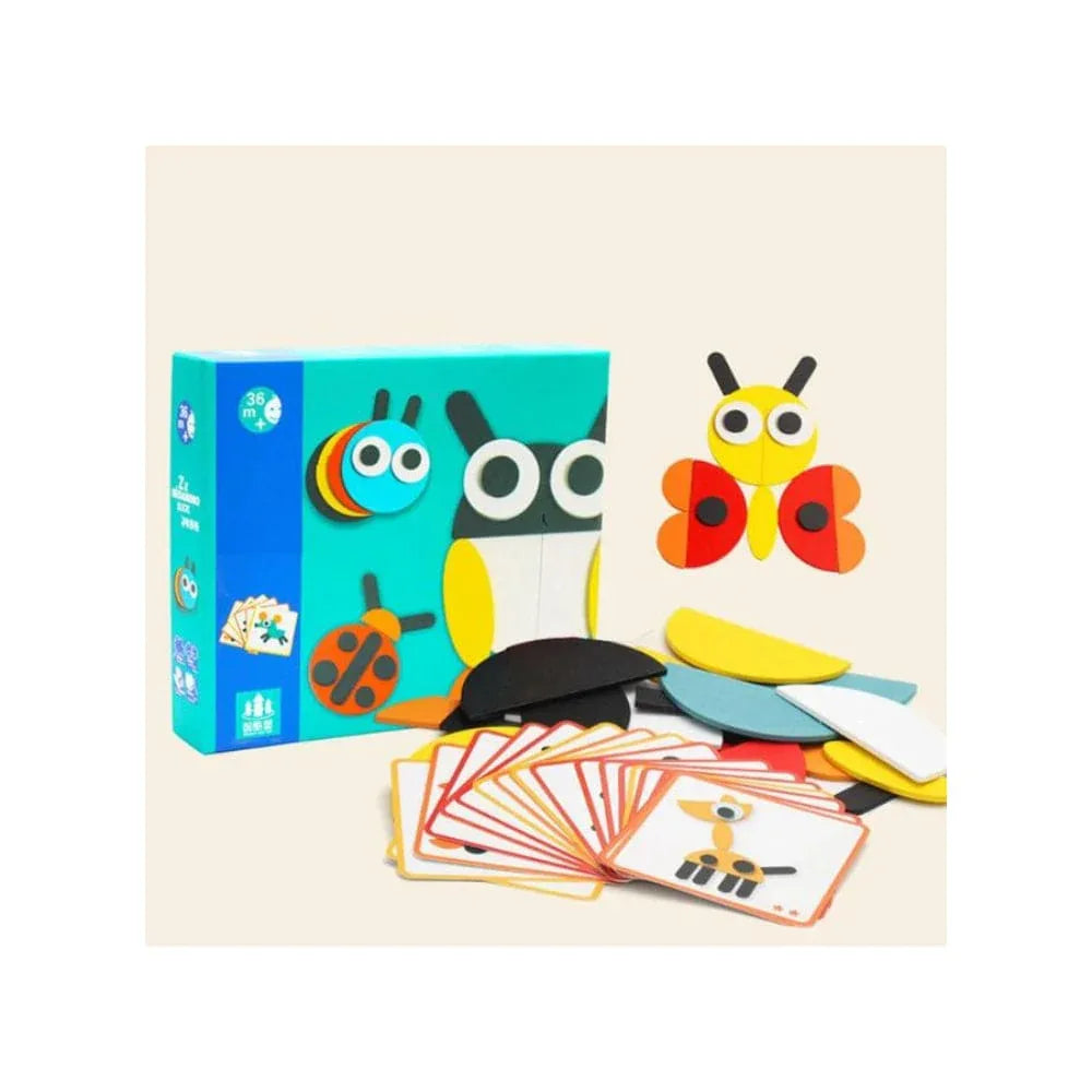 Wooden Pattern Blocks Geometric Shapes Animals Puzzle Early Educational Toys Tangram Set for Kids with 20 Design Cards Fatio General Trading