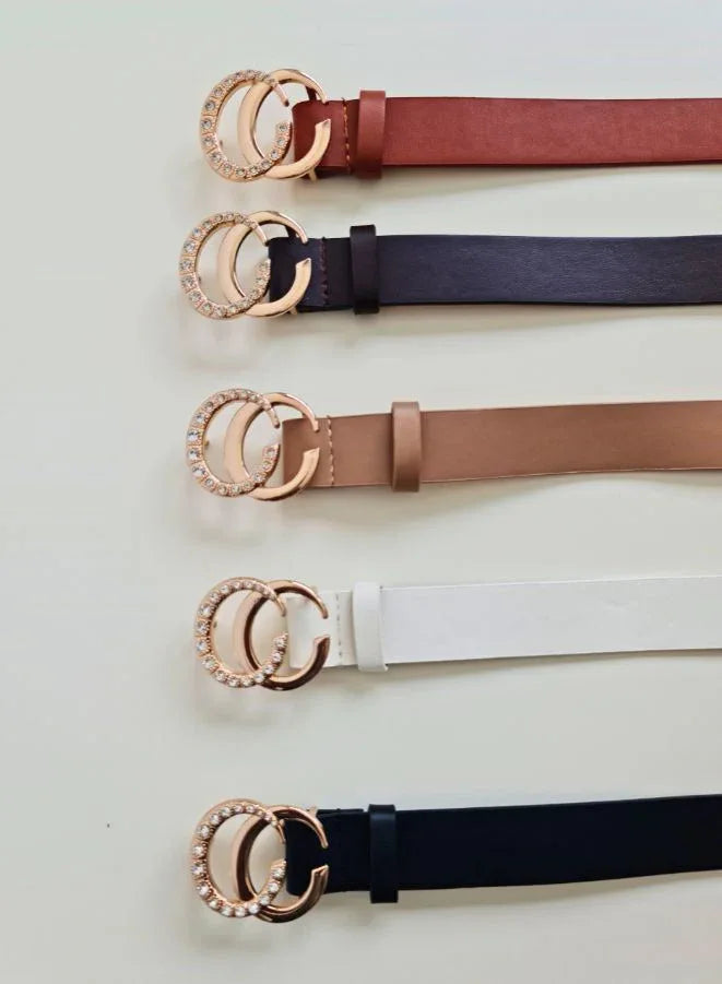 حزام نسائي بإبزيم دائري مزدوج مفتوح من الجلد الناعم بإبزيم معدني