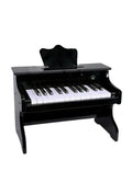 A black classic wooden piano with white and black keys for kids.