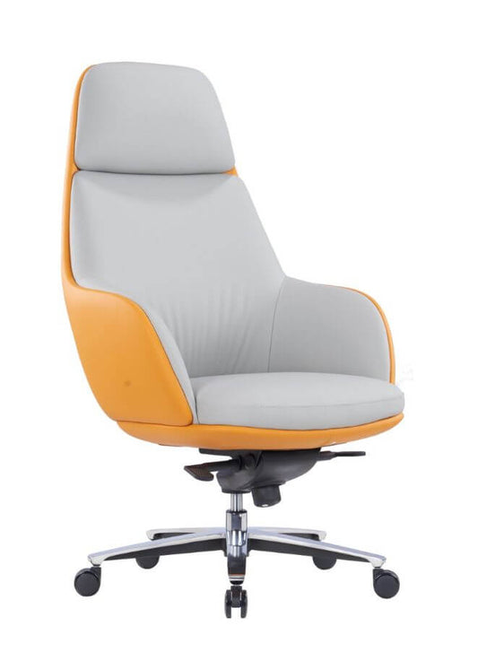 Modern Ergonomic Office Chair with Orange Back and Grey Seat and Fixed Armrest | High Quality PU Leather Office Chair with Headrest, Backrest, and Aluminum Base