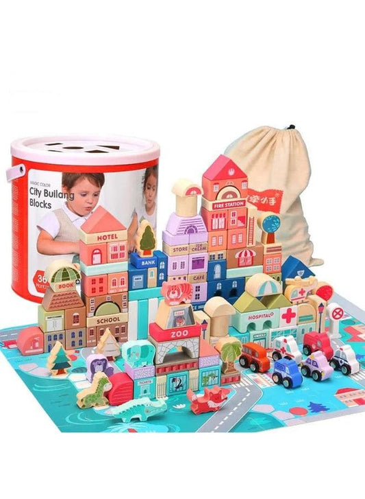 115pcs Colorful Building Blocks Sets Wooden Construction City Scene Traffic Bucket Creative DIY Assembly Toy Educational Toy Fatio General Trading