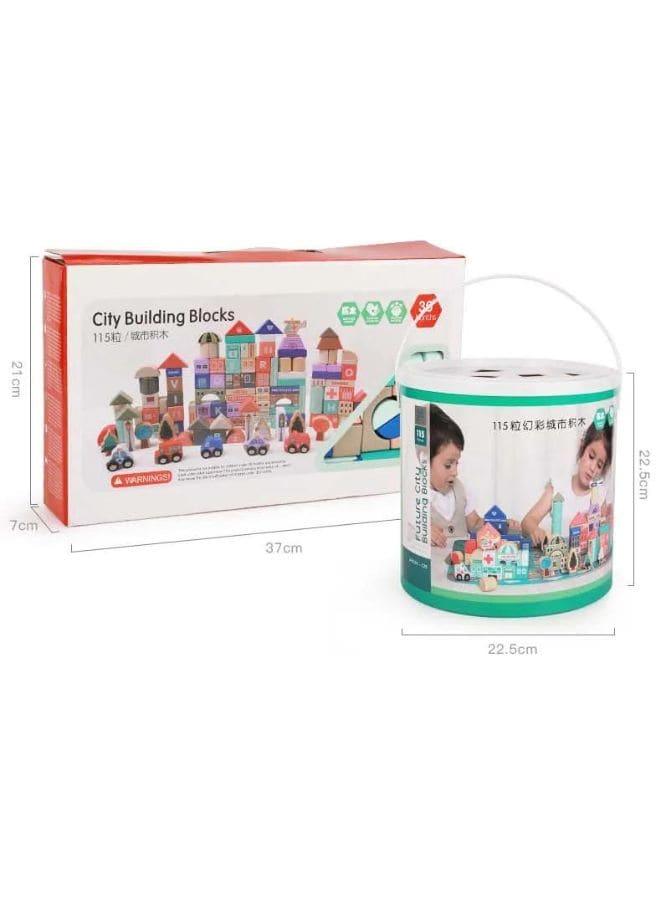 115pcs Colorful Building Blocks Sets Wooden Construction City Scene Traffic Bucket Creative DIY Assembly Toy Educational Toy Fatio General Trading