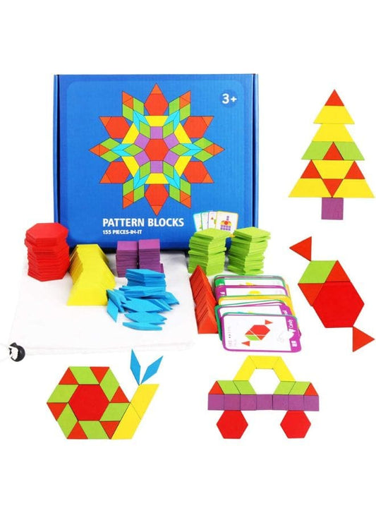 155 Pcs Wooden Pattern Blocks Set Geometric Shape Puzzles Preschool Learning Toy STEM Gift for Kids - Kindergarten Educational Montessori Tangram Toys for Boys & Girls with 24 Pcs Design Cards - Fatio General Trading