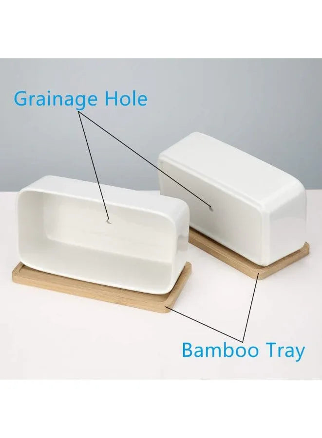 2 Pcs White Ceramic Rectangle Indoor Flower Pots with Bamboo Tray, Home Interior Design, 2 Rectangle Plant Pot Set (Plants NOT Included) - Fatio General Trading