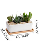 2 Pcs White Ceramic Rectangle Indoor Flower Pots with Bamboo Tray, Home Interior Design, 2 Rectangle Plant Pot Set (Plants NOT Included) - Fatio General Trading