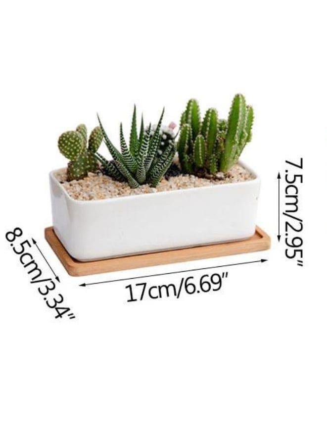 2 Pcs White Ceramic Rectangle Indoor Flower Pots with Bamboo Tray, Home Interior Design, 2 Rectangle Plant Pot Set (Plants NOT Included) - Fatio General Trading