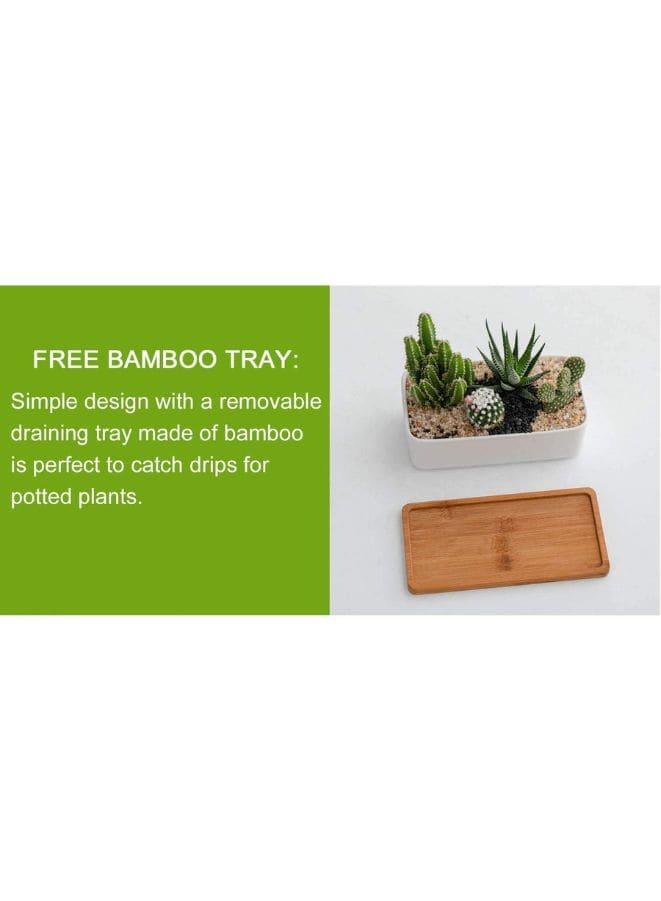 2 Pcs White Ceramic Rectangle Indoor Flower Pots with Bamboo Tray, Home Interior Design, 2 Rectangle Plant Pot Set (Plants NOT Included) - Fatio General Trading