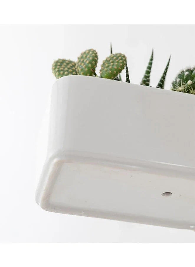 2 Pcs White Ceramic Rectangle Indoor Flower Pots with Bamboo Tray, Home Interior Design, 2 Rectangle Plant Pot Set (Plants NOT Included) - Fatio General Trading