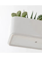 2 Pcs White Ceramic Rectangle Indoor Flower Pots with Bamboo Tray, Home Interior Design, 2 Rectangle Plant Pot Set (Plants NOT Included) - Fatio General Trading