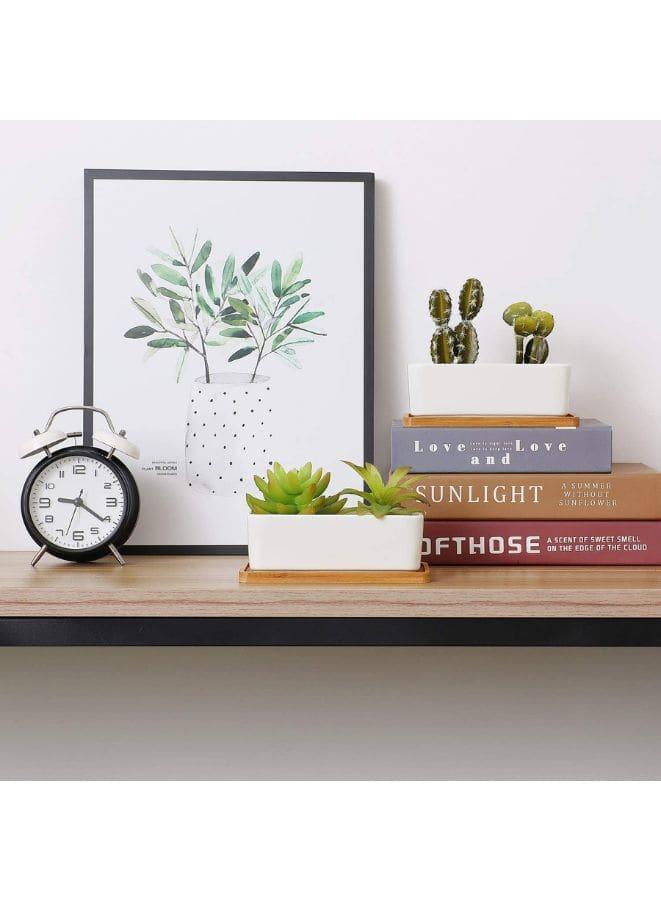 2 Pcs White Ceramic Rectangle Indoor Flower Pots with Bamboo Tray, Home Interior Design, 2 Rectangle Plant Pot Set (Plants NOT Included) - Fatio General Trading