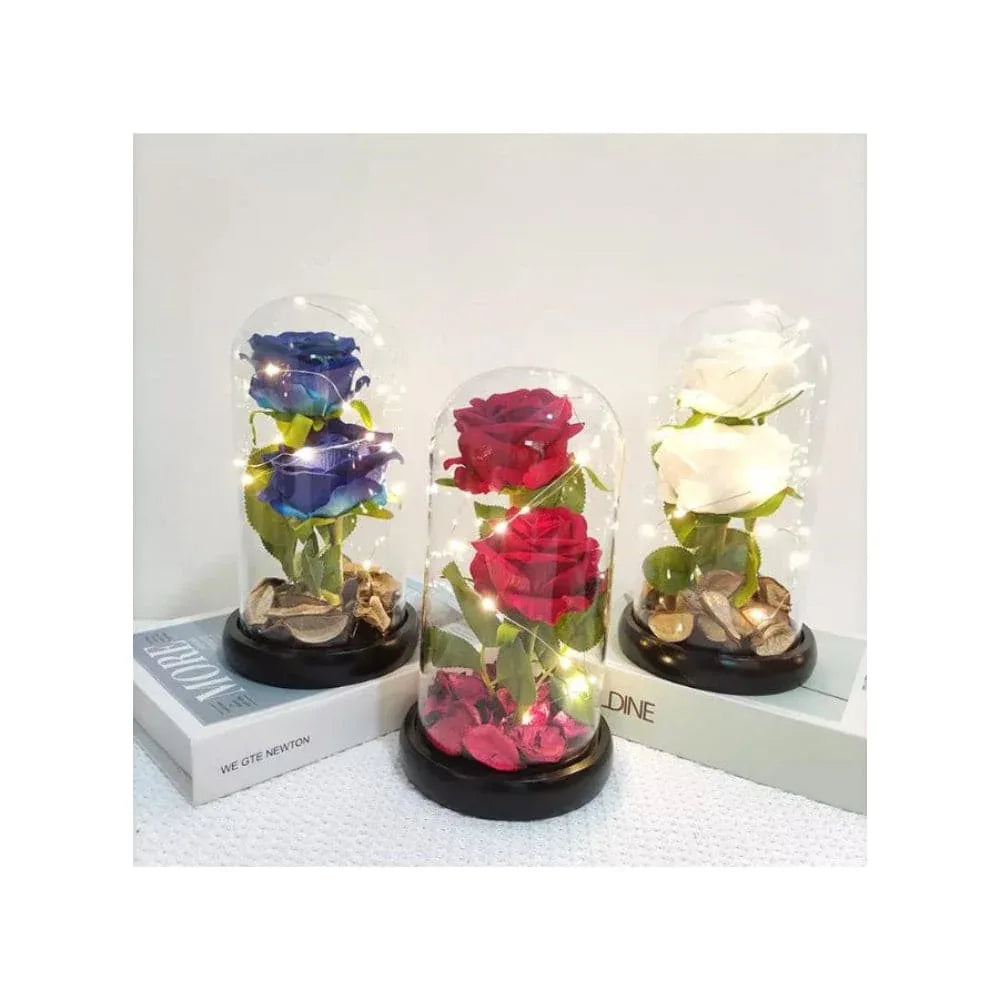 2 Roses Dome Lights, Rose Flowers Light in a Glass, Artificial Flowers Rose Gift Warm White Light Gifts for Valentines/ Birthday/ Christmas/ Wedding Gift - Fatio General Trading