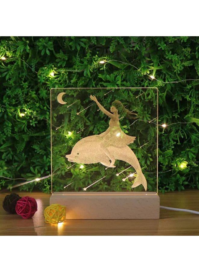 3D Acrylic Night Light Table Lamp with Wooden Base, Best Gift for Birthday, Anniversary, and Home Decor (Girl and Dolphin) - Fatio General Trading