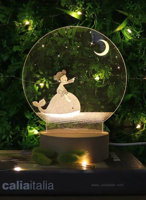 3D Acrylic Night Light Table Lamp with Wooden Base, Best Gift for Birthday, Anniversary, and Home Decor (Girl with moon) - Fatio General Trading