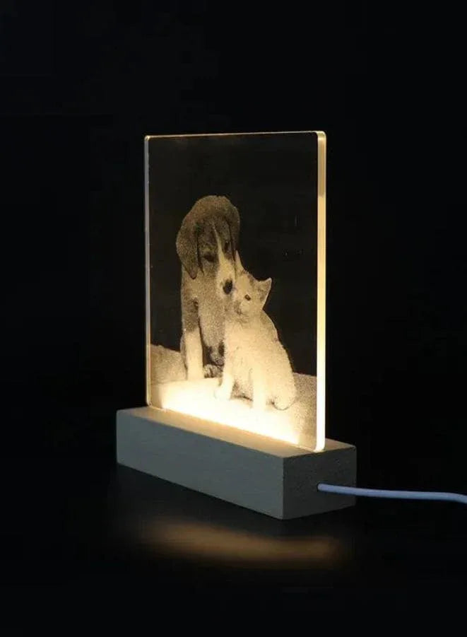 3D Acrylic Night Light Table Lamp with Wooden Base, Best Gift for Birthday, Anniversary, and Home Decor (Loving Cat and Dog) - Fatio General Trading