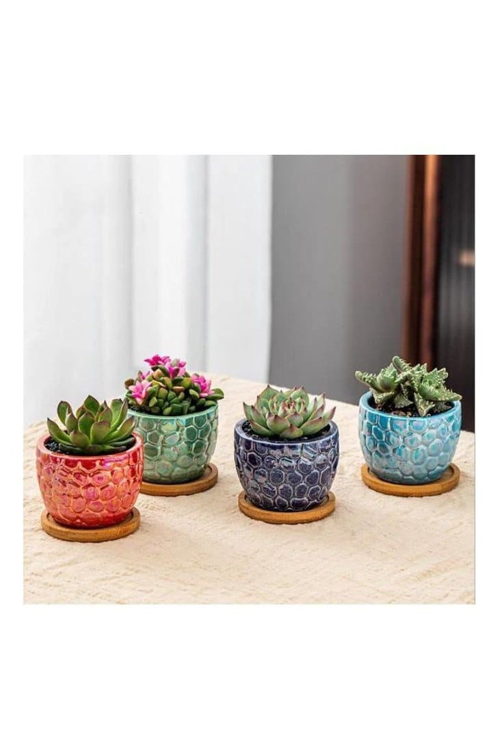 4 Pcs Ceramic Flowerpot Set Succulent Plant Pots Nordic Simple Style Design Planter Cactus Flower Pot With Tray Home Interior Design, Garden Décor Gift (Plants NOT Included) - Fatio General Trading