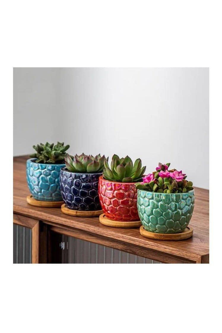 4 Pcs Ceramic Flowerpot Set Succulent Plant Pots Nordic Simple Style Design Planter Cactus Flower Pot With Tray Home Interior Design, Garden Décor Gift (Plants NOT Included) - Fatio General Trading