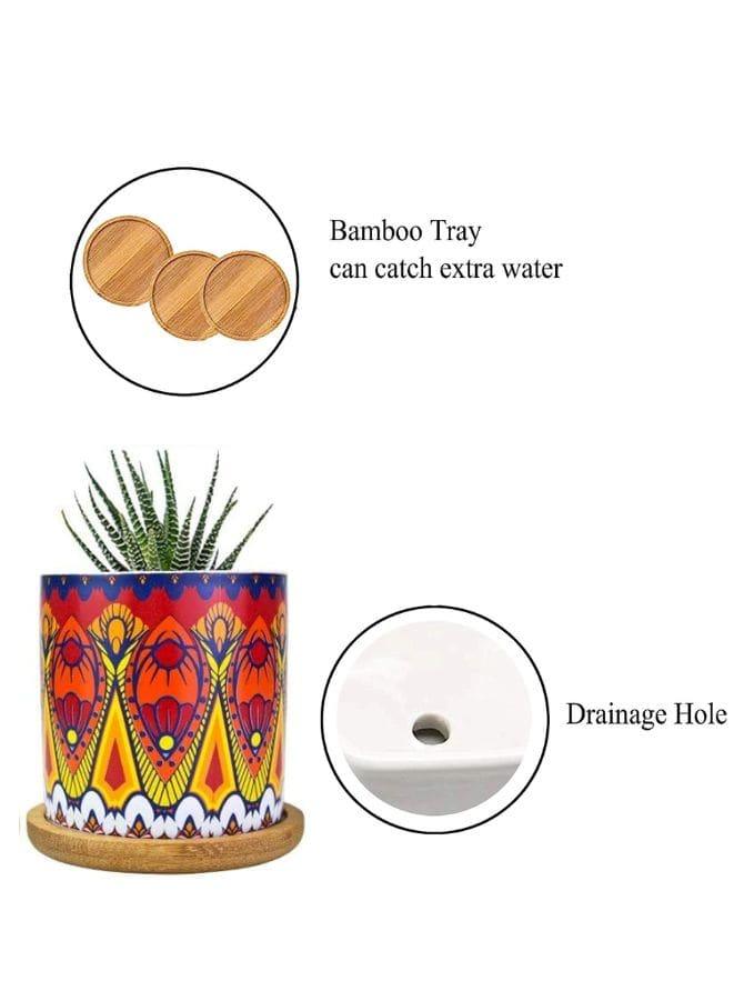 4 Pcs Succulent Plant Pots Small Modern Ceramic Indoor Flower Pots with Bamboo Tray for Cactus Herbs Home Interior Design 2 (Plants Not Included) - Fatio General Trading