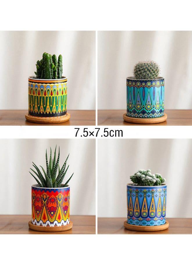 4 Pcs Succulent Plant Pots Small Modern Ceramic Indoor Flower Pots with Bamboo Tray for Cactus Herbs Home Interior Design 2 (Plants Not Included) - Fatio General Trading